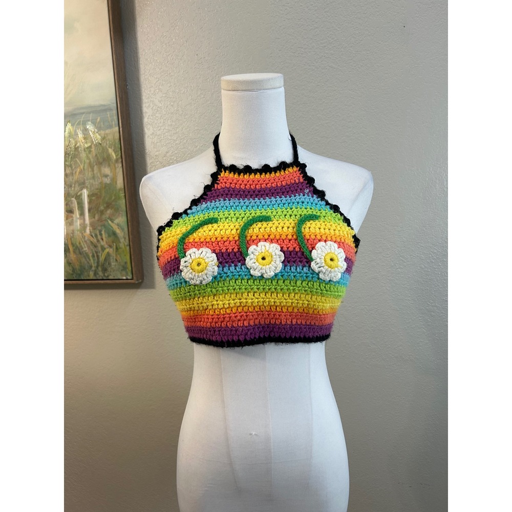Handmade Rainbow Crochet Halter Crop Top Daisy Floral Festival‎ Knit Fairycore